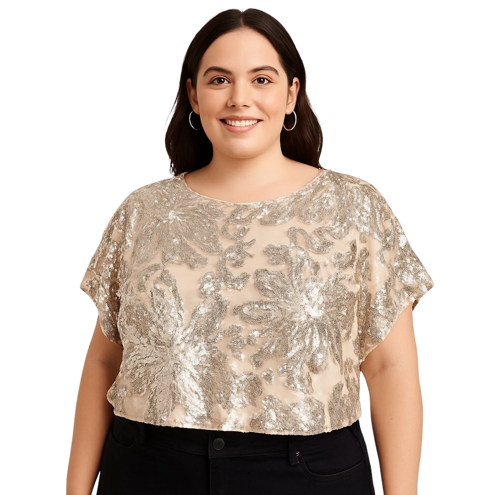 ARULA Champagne Sequin Floral Crop Blouse